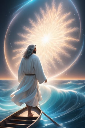 A man in the boat,Jesus is walking on the sea, towards the boat. There is a boat nearby, and males is on the boat. The person on the sea,beautiful harp, male, full body, furry skin, fantasy, subsurface scattering, perfect anatomy, glow, bloom, bioluminescent liquid, zen style, still film, cold color, l vibrant and volumetric light (masterpiece, top quality, best quality, official art, beautiful and aesthetic: 1.2), extremely detailed, (abstract, fractal art: 1.3), colorful hair, more detailed, detailed_eyes, snowing, smoke bubbles, light particles, 33 year old famle face, perfect body, five fingers, perfect hands, anatomically perfect body, sexy posture, (black eyes), (gray hair), very long hair, long white fur sweater dress, white fur shorts, dynamic angle, depth of field, hyper detailed, highly detailed, beautiful, small details, ultra detailed, best quality, 4k,((full body)), face to jesus,photo r3al