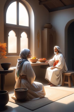 Two persons, Jesus sat on a stool in the cozy home, and in front of Him, there was a woman dressed in simple attire seated on the ground, attentively listening to His teachings, Another woman is busy in the kitchen,male,zen style, still film, cold color, l vibrant and volumetric light (masterpiece, top quality, best quality, official art, beautiful and aesthetic: 1.2), extremely detailed, (abstract, fractal art: 1.3), colorful hair, more detailed, detailed_eyes, 33 year old famale face, perfect body, five fingers, perfect hands, anatomically perfect body, (black eyes), (gray hair), headscarf hair, long white plain dress, white shorts, dynamic angle, depth of field, hyper detailed, highly detailed, beautiful, small details, ultra detailed, best quality, 4k,((full body)), face to jesus,photo r3al