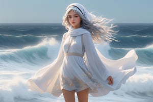 Little eagle, hesitant to fly, feeling discouraged, towering waves, the ocean,full body,famale,zen style, still film, cold color, l vibrant and volumetric light (masterpiece, top quality, best quality, official art, beautiful and aesthetic: 1.2), extremely detailed, (abstract, fractal art: 1.3), colorful hair, more detailed, detailed_eyes, 18 year old famale face, perfect body, five fingers, perfect hands, anatomically perfect body, (black eyes), (gray hair), very headscarf hair, long white plain dress, white shorts, dynamic angle, depth of field, hyper detailed, highly detailed, beautiful, small details, ultra detailed, best quality, 4k,((full body)), face to jesus,photo r3al