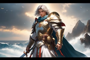 Sword, helmet, shield, breastplate, belt, cloak, boots of war,Warrior, wielding the sacred sword, righteous breastplate, helmet of salvation, humble cloak, belt of truth,eagle, hesitant to fly, feeling discouraged, towering waves, the ocean,full body,male,zen style, still film, cold color, l vibrant and volumetric light (masterpiece, top quality, best quality, official art, beautiful and aesthetic: 1.2), extremely detailed, (abstract, fractal art: 1.3), colorful hair, more detailed, detailed_eyes, 18 year old male face, perfect body, five fingers, perfect hands, anatomically perfect body, (black eyes), (gray hair), very headscarf hair, long white plain dress, white shorts, dynamic angle, depth of field, hyper detailed, highly detailed, beautiful, small details, ultra detailed, best quality, 4k,((full body)), face to jesus,photo r3al