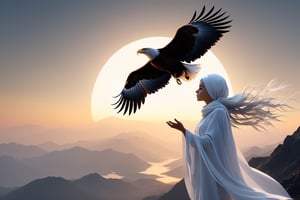 Eagle, standing, on the mountain peak, silhouette, wings drooped, gazing into the distance, sunrise,full body,famale,zen style, still film, cold color, l vibrant and volumetric light (masterpiece, top quality, best quality, official art, beautiful and aesthetic: 1.2), extremely detailed, (abstract, fractal art: 1.3), colorful hair, more detailed, detailed_eyes, 3 year old famale face, perfect body, five fingers, perfect hands, anatomically perfect body, (black eyes), (gray hair), very headscarf hair, long white plain dress, white shorts, dynamic angle, depth of field, hyper detailed, highly detailed, beautiful, small details, ultra detailed, best quality, 4k,((full body)), face to jesus,photo r3al