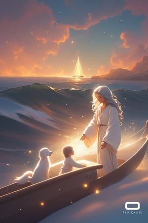 Jesus is holding the hands of a little girl and a little boy,There is a boat nearby, and males is on the boat. The person on the sea,beautiful harp, male, full body, furry skin, fantasy, subsurface scattering, perfect anatomy, glow, bloom, bioluminescent liquid, zen style, still film, cold color, l vibrant and volumetric light (masterpiece, top quality, best quality, official art, beautiful and aesthetic: 1.2), extremely detailed, (abstract, fractal art: 1.3), colorful hair, more detailed, detailed_eyes, snowing, smoke bubbles, light particles, 33 year old famle face, perfect body, five fingers, perfect hands, anatomically perfect body, sexy posture, (black eyes), (gray hair), very long hair, long white fur sweater dress, white fur shorts, dynamic angle, depth of field, hyper detailed, highly detailed, beautiful, small details, ultra detailed, best quality, 4k,((full body)), face to jesus,photo r3al