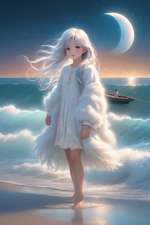 A littler girl in the beach,Jesus is walking on the sea, towards the moon,There is a boat nearby, and males is on the boat. The person on the sea,beautiful harp, male, full body, furry skin, fantasy, subsurface scattering, perfect anatomy, glow, bloom, bioluminescent liquid, zen style, still film, cold color, l vibrant and volumetric light (masterpiece, top quality, best quality, official art, beautiful and aesthetic: 1.2), extremely detailed, (abstract, fractal art: 1.3), colorful hair, more detailed, detailed_eyes, snowing, smoke bubbles, light particles, 33 year old famle face, perfect body, five fingers, perfect hands, anatomically perfect body, sexy posture, (black eyes), (gray hair), very long hair, long white fur sweater dress, white fur shorts, dynamic angle, depth of field, hyper detailed, highly detailed, beautiful, small details, ultra detailed, best quality, 4k,((full body)), face to jesus,photo r3al