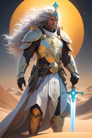 Warrior, wielding the sacred sword, righteous breastplate, helmet of salvation, humble cloak, belt of truth. The person on the desert, male, full body, furry skin, fantasy, subsurface scattering, perfect anatomy, glow, bloom, bioluminescent liquid, zen style, still film, cold color, l vibrant and volumetric light (masterpiece, top quality, best quality, official art, beautiful and aesthetic: 1.2), extremely detailed, (abstract, fractal art: 1.3), colorful hair, more detailed, detailed_eyes, snowing, smoke bubbles, light particles, 33 year old male face, perfect body, five fingers, perfect hands, anatomically perfect body, sexy posture, (black eyes), (gray hair), very long hair, long white simple dress, white shorts, dynamic angle, depth of field, hyper detailed, highly detailed, beautiful, small details, ultra detailed, best quality, 4k,((full body)), face to jesus,photo r3al