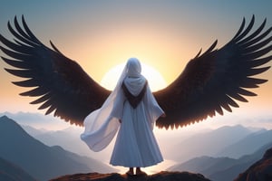 Eagle, standing, on the mountain peak, silhouette, wings drooped, gazing into the distance, sunrise,full body,famale,zen style, still film, cold color, l vibrant and volumetric light (masterpiece, top quality, best quality, official art, beautiful and aesthetic: 1.2), extremely detailed, (abstract, fractal art: 1.3), colorful hair, more detailed, detailed_eyes, 3 year old famale face, perfect body, five fingers, perfect hands, anatomically perfect body, (black eyes), (gray hair), very headscarf hair, long white plain dress, white shorts, dynamic angle, depth of field, hyper detailed, highly detailed, beautiful, small details, ultra detailed, best quality, 4k,((full body)), face to jesus,photo r3al