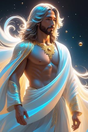 Jesus is walk ,milk and honey. The person on the desert,beautiful harp, male, full body, furry skin, fantasy, subsurface scattering, perfect anatomy, glow, bloom, bioluminescent liquid, zen style, still film, cold color, l vibrant and volumetric light (masterpiece, top quality, best quality, official art, beautiful and aesthetic: 1.2), extremely detailed, (abstract, fractal art: 1.3), colorful hair, more detailed, detailed_eyes, snowing, smoke bubbles, light particles, 33 year old male face, perfect body, five fingers, perfect hands, anatomically perfect body, sexy posture, (black eyes), (gray hair), very long hair, long white fur sweater dress, white fur shorts, dynamic angle, depth of field, hyper detailed, highly detailed, beautiful, small details, ultra detailed, best quality, 4k,((full body)), face to jesus,photo r3al
