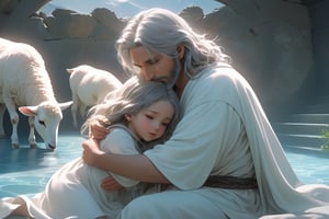 The background is filled with the chaos of warfare, and there is a child covered in wounds, wearing tattered clothes, and with a tearful expression.Jesus hug my head with oil,The expressions are saying sorry. white lamb,two person little children and father male ,full body, furry skin, fantasy, subsurface scattering, perfect anatomy, glow, bloom, bioluminescent liquid, zen style, still film, cold color, l vibrant and volumetric light (masterpiece, top quality, best quality, official art, beautiful and aesthetic: 1.2), extremely detailed, (abstract, fractal art: 1.3), colorful hair, more detailed, detailed_eyes,33 years old male face, perfect body, five fingers, perfect hands, anatomically perfect body, (black eyes), (gray hair), very long hair, long pool dress, white shorts, dynamic angle, depth of field, hyper detailed, highly detailed, beautiful, small details, ultra detailed, best quality, 4k,((full body)), face to lamb,photo r3al,sticker,Anime 