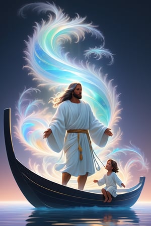 Jesus is holding the hands of a little girl and a little boy,There is a boat nearby, and males is on the boat. The person on the sea,beautiful harp, male, fantasy, subsurface scattering, perfect anatomy, glow, bloom, bioluminescent liquid, zen style, still film, cold color, l vibrant and volumetric light (masterpiece, top quality, best quality, official art, beautiful and aesthetic: 1.2), extremely detailed, (abstract, fractal art: 1.3), colorful hair, more detailed, detailed_eyes, snowing, smoke bubbles, light particles, 33 year old male face, perfect body, five fingers, perfect hands, anatomically perfect body, sexy posture, (black eyes), (gray hair), very long hair, long white fur sweater dress, white fur shorts, dynamic angle, depth of field, hyper detailed, highly detailed, beautiful, small details, ultra detailed, best quality, 4k,((full body)), face to jesus,photo r3al