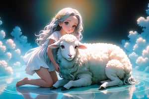 The background is a grassland,Jesus rod and staff, they comfort me.  white lamb,little children and father famale,full body, furry skin, fantasy, subsurface scattering, perfect anatomy, glow, bloom, bioluminescent liquid, zen style, still film, cold color, l vibrant and volumetric light (masterpiece, top quality, best quality, official art, beautiful and aesthetic: 1.2), extremely detailed, (abstract, fractal art: 1.3), colorful hair, more detailed, detailed_eyes,3 years old famale face, perfect body, five fingers, perfect hands, anatomically perfect body, (black eyes), (gray hair), very long hair, long long pool dress, white shorts, dynamic angle, depth of field, hyper detailed, highly detailed, beautiful, small details, ultra detailed, best quality, 4k,((full body)), face to lamb,photo r3al,sticker,Anime 