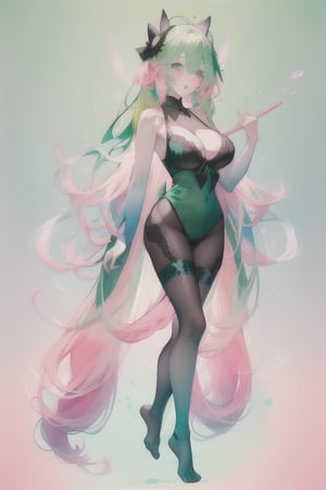 A domineering lady , ((long pink-blue green-Gradient-hair)), blue eyes, full-body, ((very long_hair)), braided_hair, Big boobs, black lace pajamas , multiple views of the same character,gemstone,watercolor (medium),