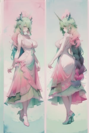 A domineering lady, she is gentle personality, ((long pink-blue green-Gradient-hair)), blue eyes, she has unicorn horn , full-body, ((very long_hair)), braided_hair, Big boobs, little white dress, white slip, multiple views of the same character,gemstone,watercolor (medium),