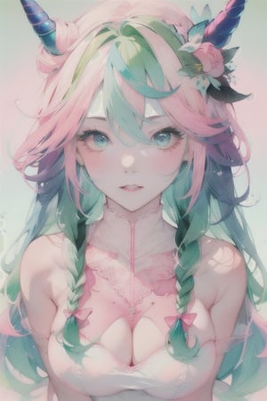 A domineering lady, she is gentle personality, ((long pink-blue green-Gradient-hair)), blue eyes, she has one unicorn's horn , full-body, ((very long_hair)), braided_hair, Big boobs, little white dress, multiple views of the same character,gemstone,watercolor (medium),