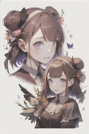 A cute girl, brown-hair, purple eyes, multiple views of the same character
