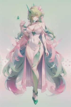 A domineering lady, she is gentle personality, ((long pink-blue green-Gradient-hair)), yellow eyes, she has one unicorn horn , full-body, ((very long_hair)), braided_hair, Big boobs, white slip dress, multiple views of the same character,gemstone,watercolor (medium),