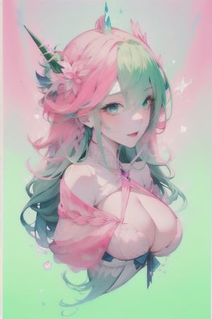 A domineering lady, she is gentle personality, ((long pink-blue green-Gradient-hair)), blue eyes, she has unicorn horn , full-body, ((very long_hair)), braided_hair, Big boobs, white slip, multiple views of the same character,gemstone,watercolor (medium),