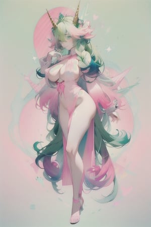 A domineering lady, she is gentle personality, ((long pink-blue green-Gradient-hair)), blue eyes, she has unicorn horn , full-body, ((very long_hair)), braided_hair, Big boobs, white slip, multiple views of the same character,gemstone,watercolor (medium),