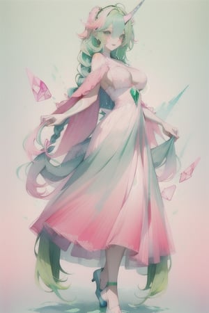 A domineering lady, she is gentle personality, ((long pink-blue green-Gradient-hair)), blue eyes, she has unicorn horn , full-body, ((very long_hair)), braided_hair, Big boobs, little white dress, white slip, multiple views of the same character,gemstone,watercolor (medium),