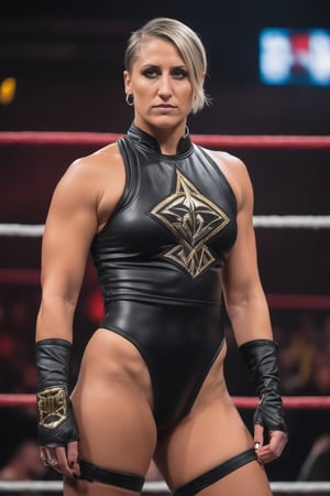 photograph full body of (Goth) Rhea Ripley, Wrestling, WWE, serious, stoic cinematic 4k epic detailed 4k epic detailed photograph shot on kodak detailed bokeh cinematic hbo dark moody, nsfw, wearing highleg bikini, naturally sagging breasts, dog-collar,  looking over her shoulder, ((fully naked)), ass facing the camera, high heels, squatting by ring