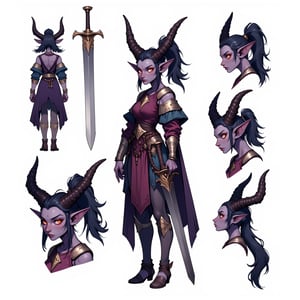 dnd character sheet, female tiefling with purple-grey skin, long curved horns and a pointy tail, she is dressed in leather armor, she has a sword strapped to her waist, she is medium height and thin, her face has a scar along the left eye, she has long black ponytail, she has red glowing eyes,CharacterDesignFLUX,reference sheet,white background,simple background,multiple views,upper body,front,from side,color palette reference,high_detailed