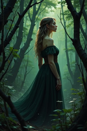 portrait of a druid in a gloomy forest, beautiful lady in dress