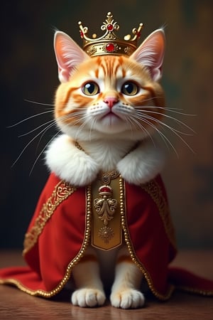 realistic cat dressed in a royal dress and with a crown on its head