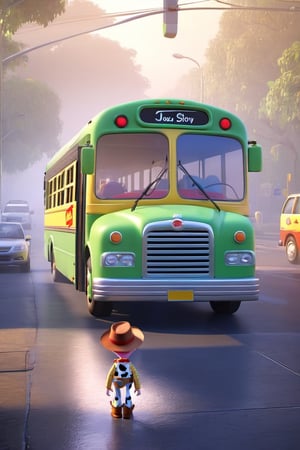 Bus, toy story, fog, digital rendering, by Goro Fujita, Shutterstock, black fog, super cute, stock photo, NYFlowerGirl, Xxmix_Catecat, sticker, F41Arm0rXL,