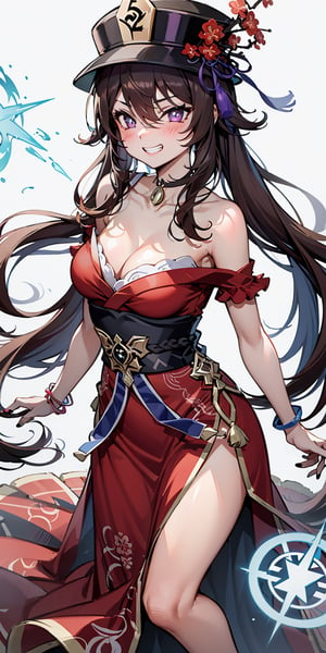 1girl, hu tao (genshin impact), hat, flower on hat, brown hair, twintails, dress, long hair, off-shoulder dress, ahoge, red dress, bare shoulders, grin, red eyes, Japanese clothing, ponytail, hair white, purple eyes, magic circle, blue flame, blue flame, depth of field, 1girl, female_solo, in the grassy field, light particles, light rays, flower-shaped pupil side light, blush, bangs, breasts, collarbone bones, solo, nail polish, black nails, ribbon chokers, bows, hair between the eyes, hair ornaments, sidelocks, cleavage, bracelets, very long hair,white background,FISneezing