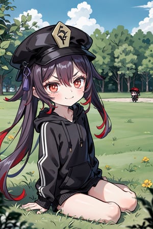 1girl, only girl, (red eyes:1.7), black hair with purple streaks, sky blue hoodie, chibi, smiling, angry eyebrows, Hu tao hat, sitting on grass field, distant_view, full body shot, simple_backgroundhu tao(genshin impact)