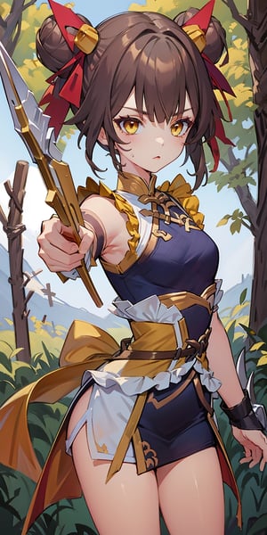 beautiful girl upset medium black hair exercise perfect breasts extreme short hair, paint on cheeks, hair ribbon FUJI yellow eyes yellow hair, mid ride, Crossbow of Tang weapon, forest background, pointing at the audience, small upset emote