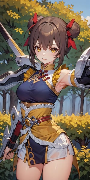 beautiful girl smiling medium black hair exercise perfect breasts extreme short hair FUJI hair band paint on cheeks, yellow eyes yellow hair, mid ride, mecha musume, Crossbow of Tang weapons, forest background, aiming at the audience,