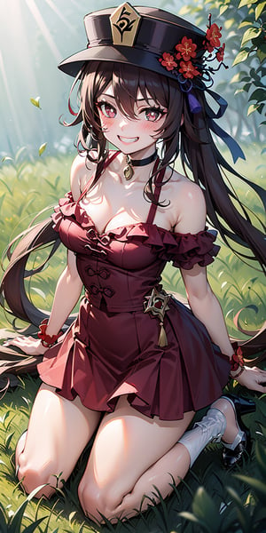 1girl, hu tao (genshin impact), hat, flower on hat, brown hair, twintails, smile, dress, long hair, off-shoulder dress, ahoge, looking at viewer, red dress, bare shoulders, grin, red eyes, Japanese outfit , ponytail, white hair, purple eyes, magic circle, blue flame, blue flame, depth of field, 1girl, female_solo, kneeling, in the grassy field, light particles, rays of light, sidelightingflower-shaped pupils, blush, bangs, breasts , a choker, collarbone, solo, nail polish, black nails, choker ribbons, bows, hair between the eyes, hair ornaments, sidelocks, cleavage, wrist bands, very long hair,