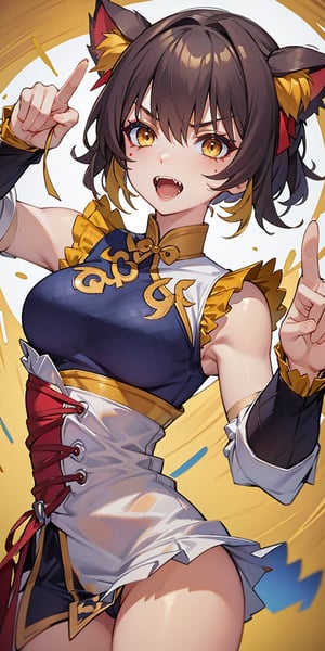 beautiful girl angry medium black hair exercise perfect breasts extreme short hair, paint on face, hair band FUJI yellow eyes yellow hair, fangs, wearing cat pajamas, bed background, pointing at the audience,