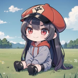 1girl, only girl, (red eyes:1.7), black hair with purple streaks, sky blue hoodie, chibi, smiling, angry eyebrows, Hu tao hat, sitting on grass field, distant_view, full body shot, simple_background
