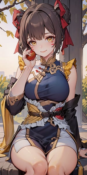 beautiful girl sweet smile black hair perfect breasts extreme short hair, paint on face, hair ribbon yellow eyes yellow hair, sitting on a tree, apple,