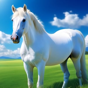 beautiful white horse on blue sky grass, digital rendering, by Goro Fujita, Shutterstock, super cute, stock photo, NYFlowerGirl, Xxmix_Catecat, sticker, F41Arm0rXL,Leonardo Style
