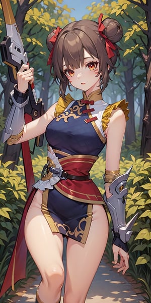 beautiful girl black hair naked in the middle of the journey perfect breasts extreme short hair FUJI hair ribbon face paint red eyes yellow hair, mid the journey, mecha musume, as real as the Crossbow of Tang, forest background, aiming at the trees,