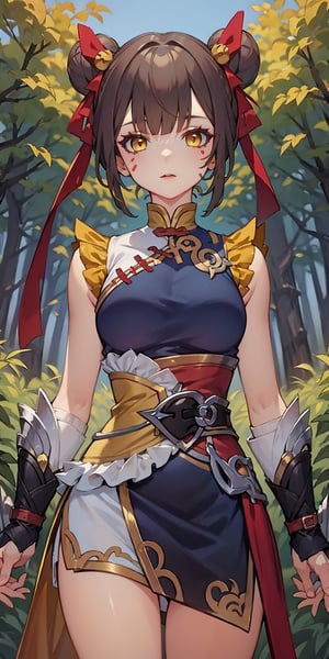 beautiful girl black hair perfect breasts extreme short hair, paint on face, hair ribbon, yellow eyes, yellow hair, holding a spear, forest, trees,