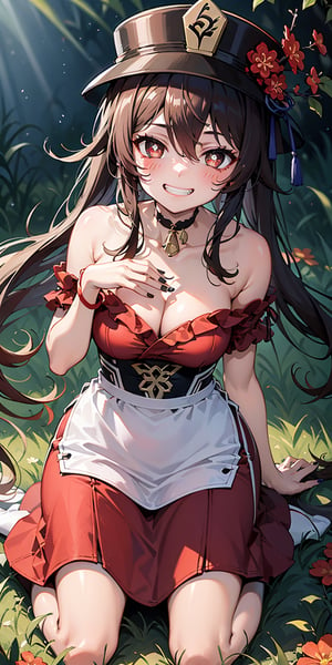 1girl, hu tao (genshin impact), hat, flower on hat, brown hair, twintails, smile, dress, long hair, off-shoulder dress, ahoge, looking at viewer, red dress, bare shoulders, grin, red eyes, Japanese outfit , ponytail, white hair, purple eyes, magic circle, blue flame, blue flame, depth of field, 1girl, female_solo, kneeling, in the grassy field, light particles, rays of light, sidelightingflower-shaped pupils, blush, bangs, breasts, bones collarbones, solos, nail polish, black nails, ribbon chokers, bows, hair between the eyes, hair ornaments, sidelocks, cleavage, wrist bands, very long hair,