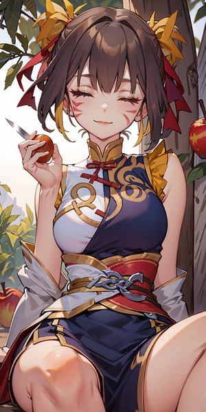 beautiful girl sweet smile black hair perfect breasts extreme short hair, face paint, hair ribbon, closed eyes, yellow hair, sitting on a tree, apple, knife, peeling an apple,