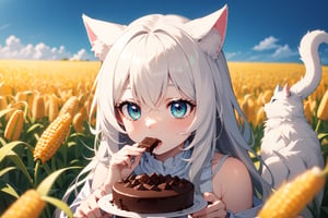 a cream-colored cat with a pink nose and emerald eyes is eating a piece of chocolate cake in a corn field