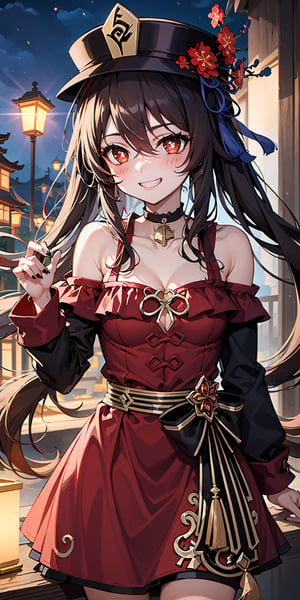 1girl, hu tao (genshin impact), hat, flower on hat,brown hair, twintails, smile, dress,  long hair, off-shoulder dress, ahoge, looking at viewer,  red dress, bare shoulders, grin, red eyes, japanese clothes, ponytail ,white hair, purple eyes, magic circle, blue fire, blue flames, wallpaper, landscape, blood, blood splatter, depth of field, night, light particles, light rays, sidelightingflower-shaped pupils, blush, bangs, breasts, choker, collarbone, solo, nail polish, black nails, ribbon choker, bow, hair between eyes, hair ornament, sidelocks, cleavage, wrist ribbon, very long hair, teeth, cowboy shot ,hu tao(genshin impact)