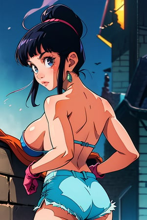 A beautiful young woman, 90s anime, 80s anime, dark colors, castlevania symphony of the night style, beserk style, vampire hunter d style, ghibli studio style, anime screencap, bloodborne style, castle, bra and panties, big breast, big ass, nude, unzipped shorts, pubic hair, moon, night, ,chichi_dbz,and18,terrybogard