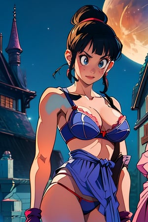 A beautiful young woman, 90s anime, 80s anime, dark colors, castlevania symphony of the night style, beserk style, vampire hunter d style, ghibli studio style, anime screencap, bloodborne style, castle, bra and panties, moon, night, ,chichi_dbz,and18,terrybogard