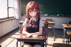 vibrant colors, masterpiece, sharp focus, best quality, depth of field, cinematic lighting, (illustration, 8k CG, extremely detailed), masterpiece, ultra-detailed, (solo),1 girl around 18 years old , tall, long hair, red hair, orange eyes,dress in highschool  , sitting on a chair, background in classroom with desk 