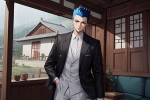 midjourney, masterpiece, best quality, best quality, Amazing, Tall, handsome, normal young man around 18years old, brown eyes, (shorthair), (sharp blue Mohawk), black eyes, tsurime, stare ,white shirt , black jacket, black pant, boss style,midjourney, (((solo))),  in a village house in chinese style background ,heavy raining