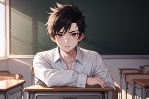 Tall, normal young man around 18years old, brown eyes, (shorthair), (sharp blue Mohawk), black eyes,  tsurime,stare ,black suit, white shirt,  , midjourney,(((solo))), (((classroom background))),  upperbody