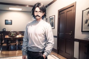 vibrant colors, masterpiece, sharp focus, best quality, depth of field, cinematic lighting, (illustration, 8k CG, extremely detailed), masterpiece, ultra-detailed, (solo),1 man around 60 years old,ceo, tall, black hair,moustache, black eyes ,white shirt,wool knitwear,black pant  , standing in front of table , ((dinnin room)) 