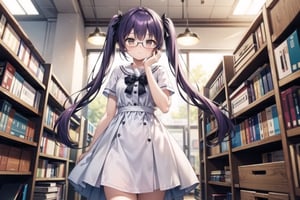 vibrant colors, masterpiece, sharp focus, best quality, depth of field, cinematic lighting, (illustration, 8k CG, extremely detailed), masterpiece, ultra-detailed, (solo), 1 girl around 18 years old, tall, long twintail hair, purple hair, brown eyes, wear glasses, dress in highschool , afraid, standing, use hands to cover the ears, background in bookstore, 
