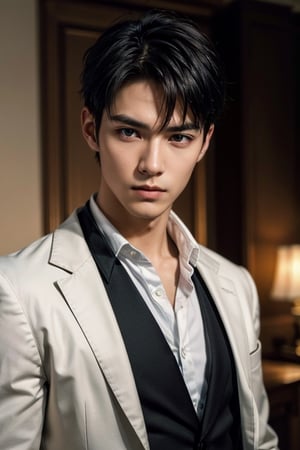 ((Fujifilm)), man, solo, {sharp eyes}, night , man in ancient god warrior custume, tall, calm and cold expression, stare, hair blown by the breeze, delicate facial features, cnc_cc, white shirt , (black blazer in black color),black tie, fade hair style,short hair, living room