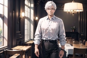 vibrant colors, masterpiece, sharp focus, best quality, depth of field, cinematic lighting, (illustration, 8k CG, extremely detailed), masterpiece, ultra-detailed, (solo),,1 man around 60 years old,  tall, glasses, white hair, black eyes ,white shirt,black pant ,light smile,  standing, background in dinning room